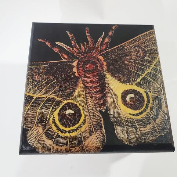Hand Painted Decoupage Moth Design Wood Trinket Box Black - Picture 1 of 12